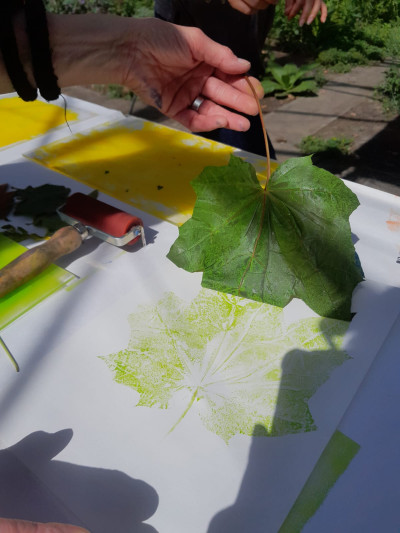 Auf ein Blatt Papier wird der Abdruck eines Laubblattes mit grüner Farbe gedruckt.  