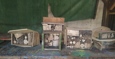 Vier verschiedene Insektenhotels gebaut von Kindern. Es sind jeweils Holzkästen, die mit kleinholz gefüllt sind, in das kleine Löcher gebohrt wurden.