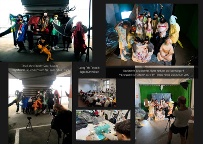 Collage aus sechs Fotos zeigt Schüler*innen in selbstgemachten queeren Monster- und Naturkostümen bei Projekten der Boddin Schule und Theodor Storm Grundschule