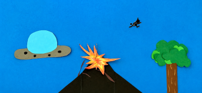 Bunte Papier-Collage mit UFO, explodierendem Vulkan, Baum und Flugzeug vor blauem Himmel