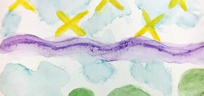 Aquarellmalerei mit gelben Sternen, lila Wellenlinien und grünen Kreisen auf hellblauem Hintergrund