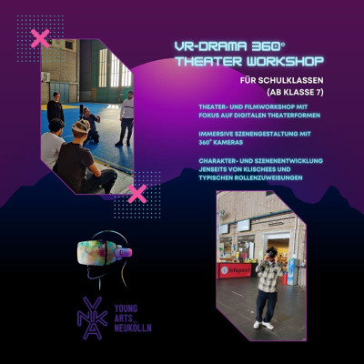 „Flyer für einen VR-Theaterworkshop für Schulklassen ab Klasse 7 mit 360°-Kameras und Virtual-Reality-Brillen.“