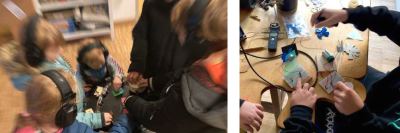 Kinder experimentieren mit elektronischen Musikinstrumenten und Schaltkreisen in einer Klangwerkstatt