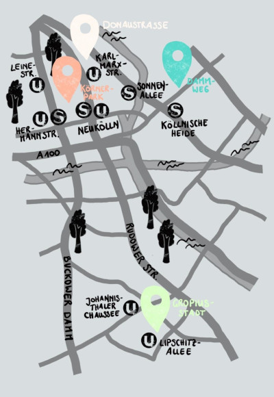 „Illustrative Karte von Neukölln mit markierten Standorten der Jugendkunstschulen und U- und S-Bahn-Stationen.“ 