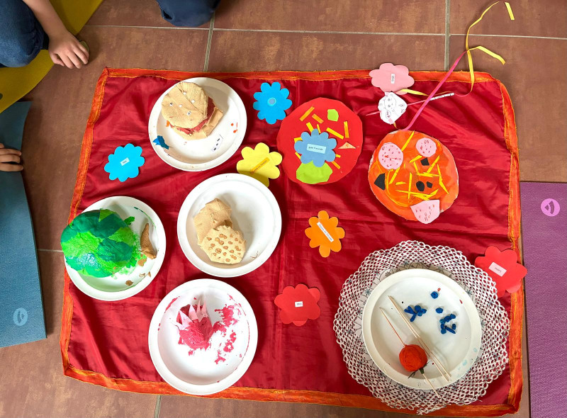 text: >
  Auf einem roten Tuch stehen mehrere
  Pappteller mit bunten, gebastelten
  „Essensstücken“ aus Papier.
  Drumherum liegen farbige Papierblumen
  mit kleinen Etiketten, und Kinderhände
  ragen am Rand ins Bild.
decorative: false
source: manual